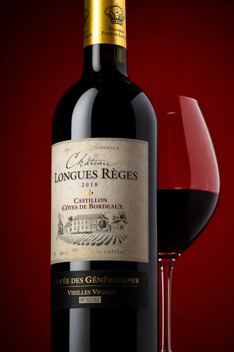 Plan rapproché d'une bouteille de Bordeaux Château Longues Règes et d'un verre de vin rouge rempli à moitié, présentés sur un fond rouge dégradé avec des reflets nets sur le verre